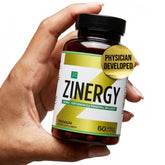 Dr. Zisman ZINERGY frontal del envase mostrando diseño y 60 cápsulas como beneficio de suministro mensual