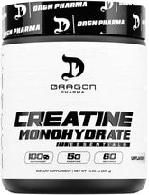 DRAGON PHARMA envase frontal mostrando creatina pura y beneficios de fuerza