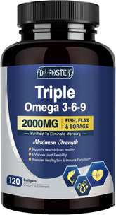 DRFOSTER frasco frontal mostrando Triple Omega 3-6-9 y beneficio de apoyo general