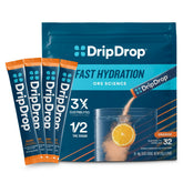 DripDrop empaque frontal sabor naranja mostrando 32 sobres y beneficios