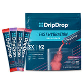 DripDrop envase frente mostrando 32 sobres y variedad de sabores para hidratación rápida
