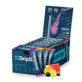 DripDrop frente del empaque mostrando 80 sobres y sabores variados, conveniencia evidente