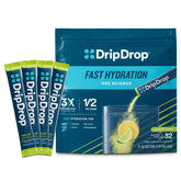 DripDrop empaque frontal limón-lima muestra beneficios de hidratación rápida