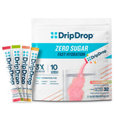 DripDrop paquete 32 sobres frente mostrando variedad y portabilidad