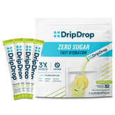 DripDrop envase frontal con 32 sobres Lemon Lime mostrando conveniencia