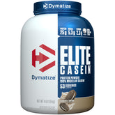 Dymatize bote frontal Cookies & Cream mostrando tamaño y marca, ideal para nutrición nocturna