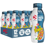 Dymatize botellín frontal mostrando 30 g proteína y sabor Fruity Pebbles