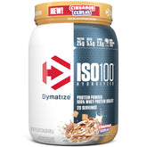 Dymatize bote frontal mostrando etiqueta y sabor Cinnamon Cereal, atractivo y claro