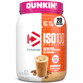 Dymatize envase frontal mostrando marca y sabor cappuccino para elección clara
