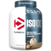 Dymatize ISO100 frontal del envase Cookies & Cream mostrando presentación clara y beneficios