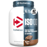 Dymatize envase frontal mostrando etiqueta y sabor fudge brownie beneficio claridad informativa