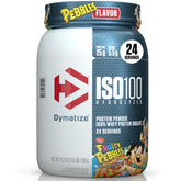 Dymatize envase frontal mostrando sabor Fruity Pebbles y beneficios proteicos