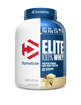 Dymatize tarro al frente mostrando vainilla y ventaja de proteína rápida