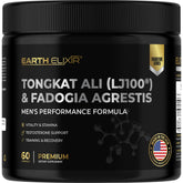 Earth Elixir envase frontal mostrando fórmula LJ100 y Fadogia para confianza