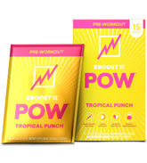 EBOOST POW frente del empaque mostrando 15 sobres y sabor Tropical Punch, conveniencia portátil
