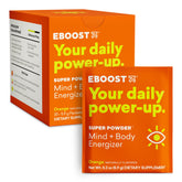 EBOOST frente del paquete mostrando sobres y beneficio energizante