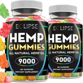 Eclipse Hemp vista frontal del empaque mostrando 180 gominolas y beneficio de suministro prolongado