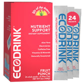 Eco Drink envase frontal mostrando sobres y beneficio de conveniencia