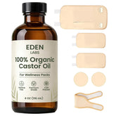 EDEN LABS vista frontal del pack de aceite de ricino, cómodo y reutilizable