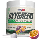 EHP Labs OxyGreens envase frontal mostrando el sabor maracuyá y beneficio práctico