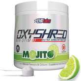 EHP Labs OxyShred frente del envase mostrando 60 porciones y sabor Mojito, ventaja de energía sin cafeína