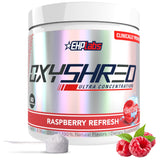 EHP Labs OxyShred frontal del envase mostrando el sabor Raspberry Refresh y beneficios
