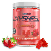 EHP Labs envase frontal de OxyShred Gummies mostrando fresa y beneficio energía