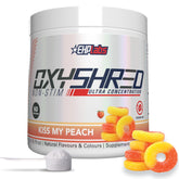 EHP Labs OxyShred tarro frontal que muestra presentación durazno y beneficio energía limpia