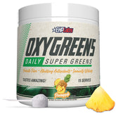 EHP Labs OxyGreens envase frontal y diseño, muestra suplemento fácil de integrar