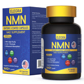 Elegra envase frontal del suplemento NMN mostrando etiqueta y beneficios