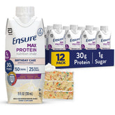 Ensure Max Protein frente del envase mostrando sabor Birthday Cake y beneficio proteico