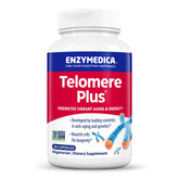 Enzymedica Telomere Plus, vista frontal del frasco que sugiere apoyo celular