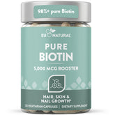 Eu Natural envase frontal mostrando Biotin 5000 mcg y beneficios visibles