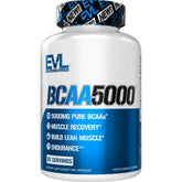 Evlution BCAA5000 frontal del envase que muestra 30 porciones y 5 g por servicio