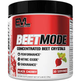 Evlution BeetMode frasco frontal mostrando diseño y sabor cereza negra beneficios de rendimiento