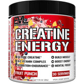 Evlution Creatine Energy vista frontal del envase mostrando sabor Fruit Punch y diseño