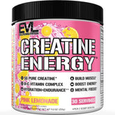 Evlution Creatine Energy vista frontal del envase mostrando sabor pink lemonade y beneficios