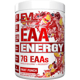 Evlution envase frontal mostrando sabor Fruit Punch y beneficios energéticos