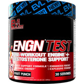 Evlution ENGN Test frente del empaque mostrando la marca y el sabor Fruit Punch para identificar el producto
