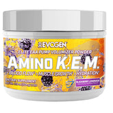 Evogen Amino K.E.M frontal del envase mostrando sabor BlackBerry Lemonade y beneficio de recuperación