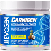Evogen Carnigen frente del envase mostrando sabor Tropic Thunder y beneficio de soporte metabólico