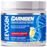 Evogen Carnigen envase frontal, claro y llamativo, muestra sabor Raspberry Lemonade y beneficios