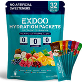 exdoo frente del paquete mostrando 32 sticks y variedad de sabores para hidratación rápida