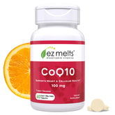 EZ Melts empaque frontal mostrando CoQ10 y beneficios prácticos