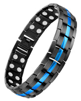 Feraco pulsera frontal mostrando diseño negro y línea dorada, elegante y resistente
