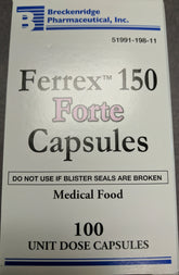 FERREX-150 frente del empaque mostrando 100 cápsulas y etiqueta clara