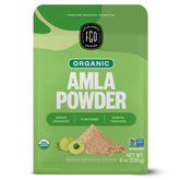 FGO empaque frontal de amla en polvo mostrando sello orgánico y beneficio conservación