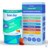 FIRST DAY frente del envase mostrando 60 gomitas y beneficios limpios