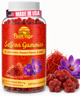 Flamingo Supplements frasco frontal con gomitas de azafrán, práctico y sin azúcar