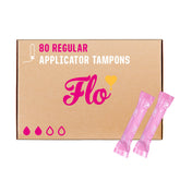 FLO empaque frontal mostrando 80 tampones, comodidad y reserva mensual